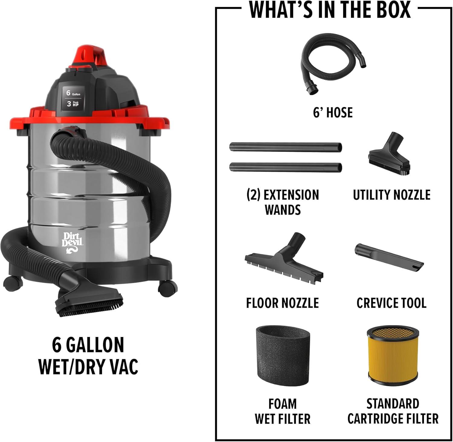 image:imageDirt Devil 8 Gallon Corded Wet Dry Shop Vacuum Portable Heavy Duty Vacuum for Garage Home Workshop or Vehicle Compact Design with Versatile Tools WetDry Shop Vac6Gallon