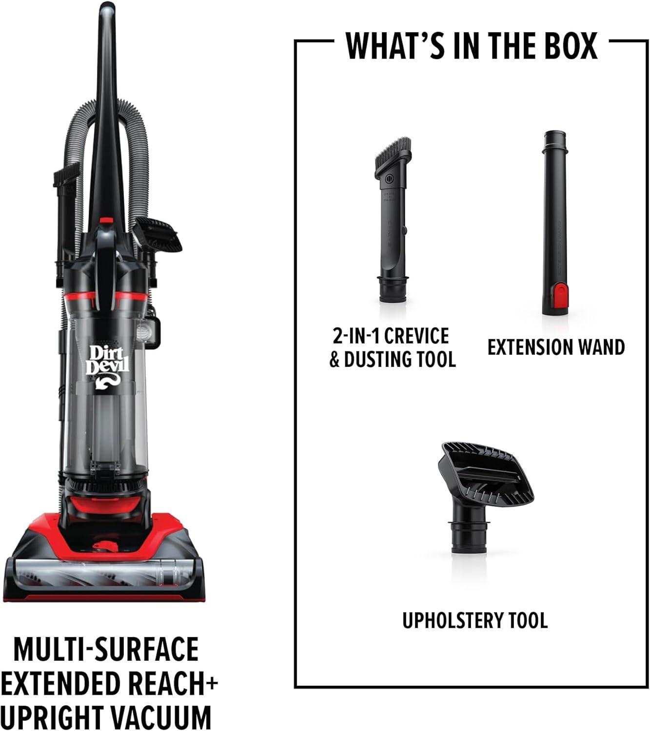 image:imageDirt Devil MultiSurface Upright Bagless Vacuum Cleaner for Carpet and Hard Floor Powerful Lightweight Corded Vacuum Cleaners for Home Use RedMultiSurface Extended Reach